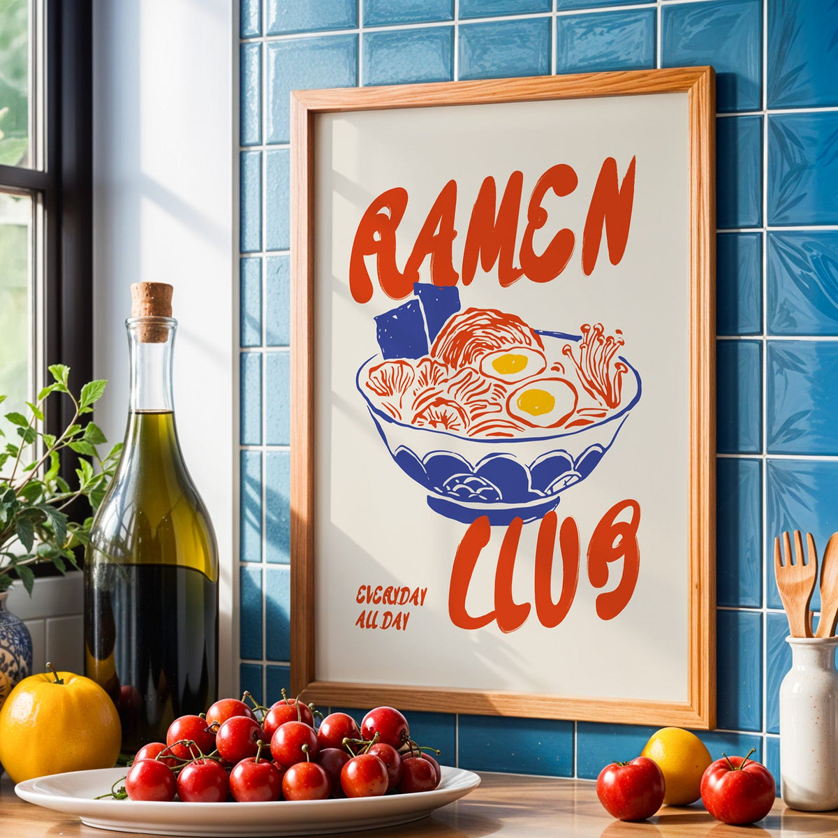 Ramen Club print in an oak frame against blue kitchen tiles with olive oil and cherries
