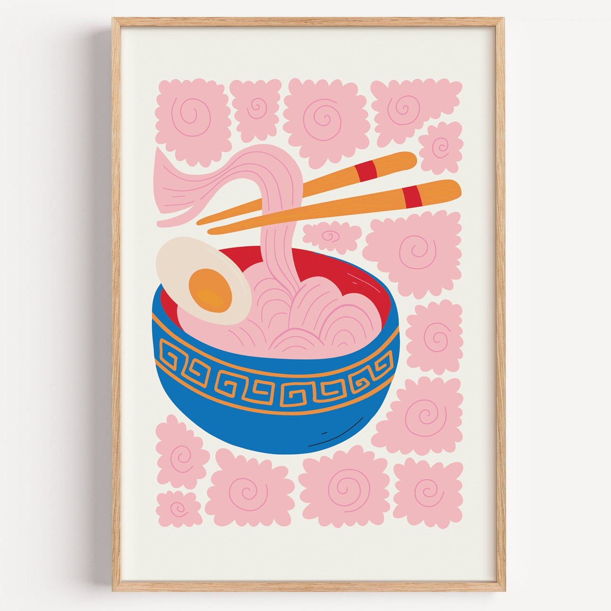 ramen noodles chopsticks pink swirl print in a light oak frame on a plain white wall