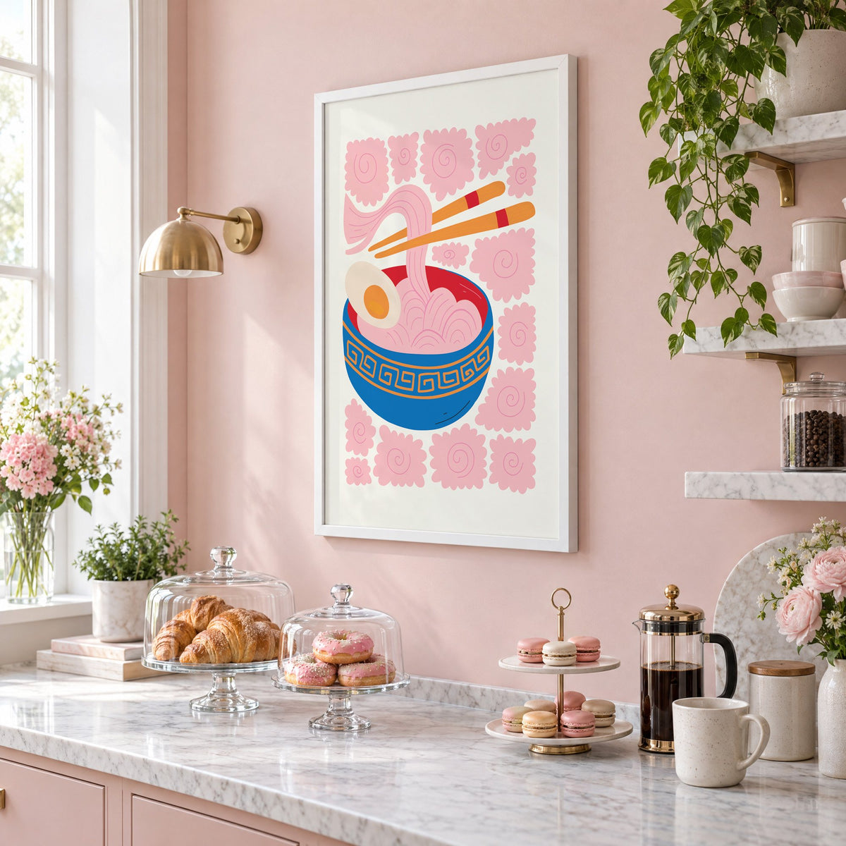 ramen noodles chopsticks pink swirl print in a white frame on a blush pink wall above a patisserie counter with croissants and macarons, seen at an angle