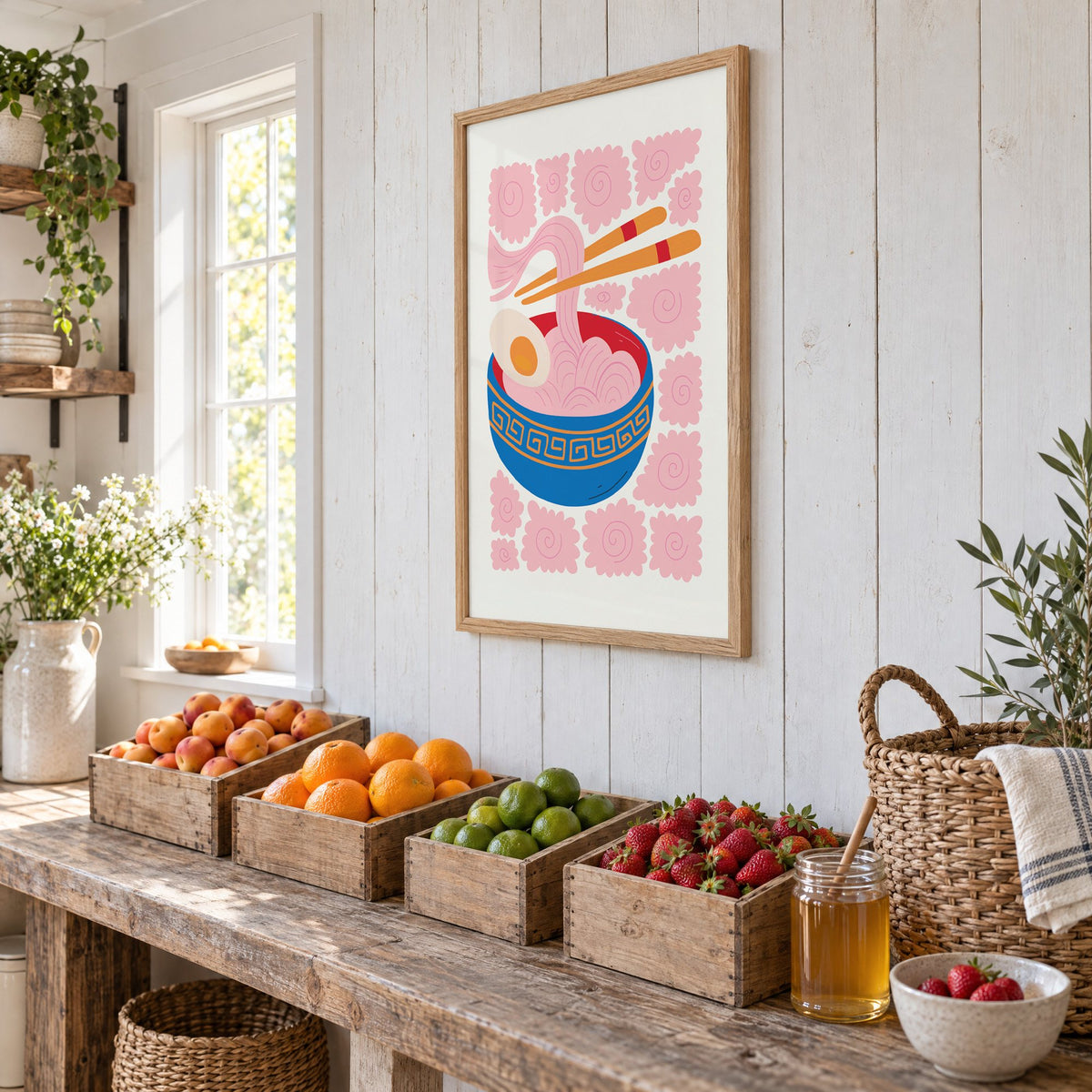 ramen noodles chopsticks pink swirl print in an oak frame on white plank walls above wooden crates of fresh fruit, seen at an angle