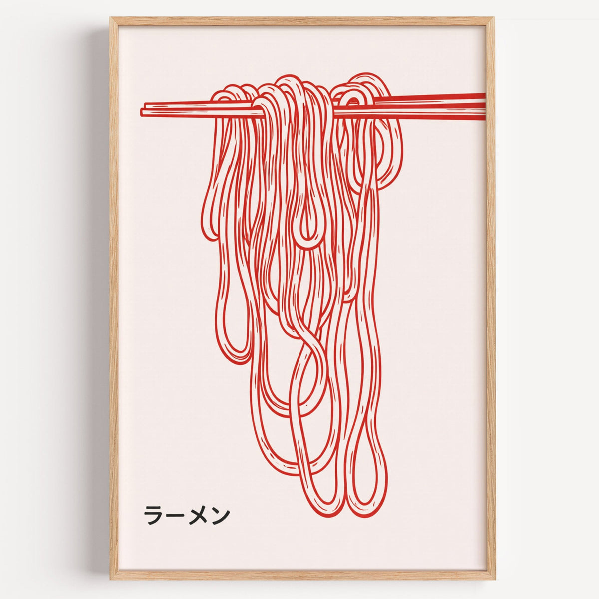 Ramen noodles line print in a light oak frame on a plain white wall