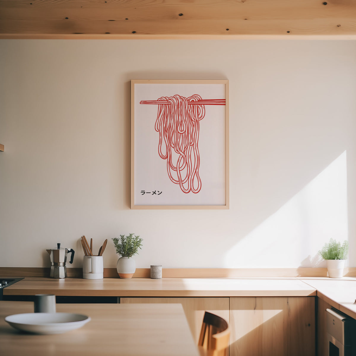 Ramen noodles print in an oak frame above a wood counter with a moka pot and herbs