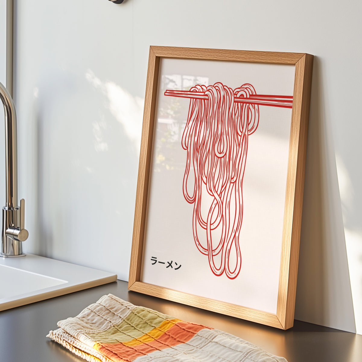 Ramen noodles print in an oak frame by the kitchen sink beside a striped tea towel
