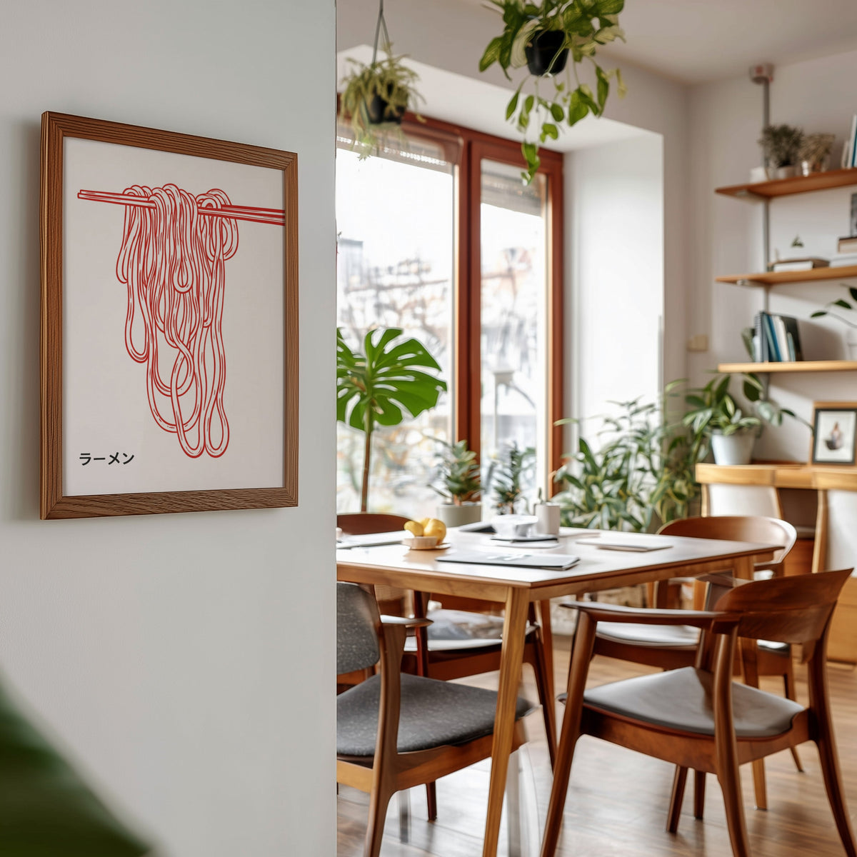 Ramen noodles print in a walnut frame beside a mid-century dining table