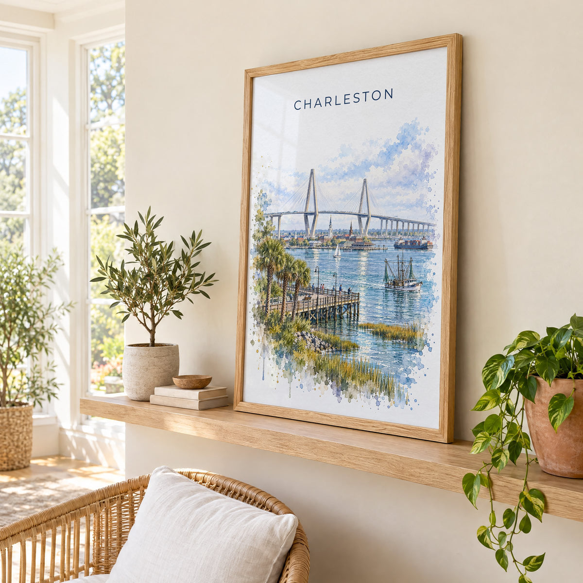 Ravenel Bridge Charleston watercolor print in an oak frame on a picture ledge in a sunlit sunroom