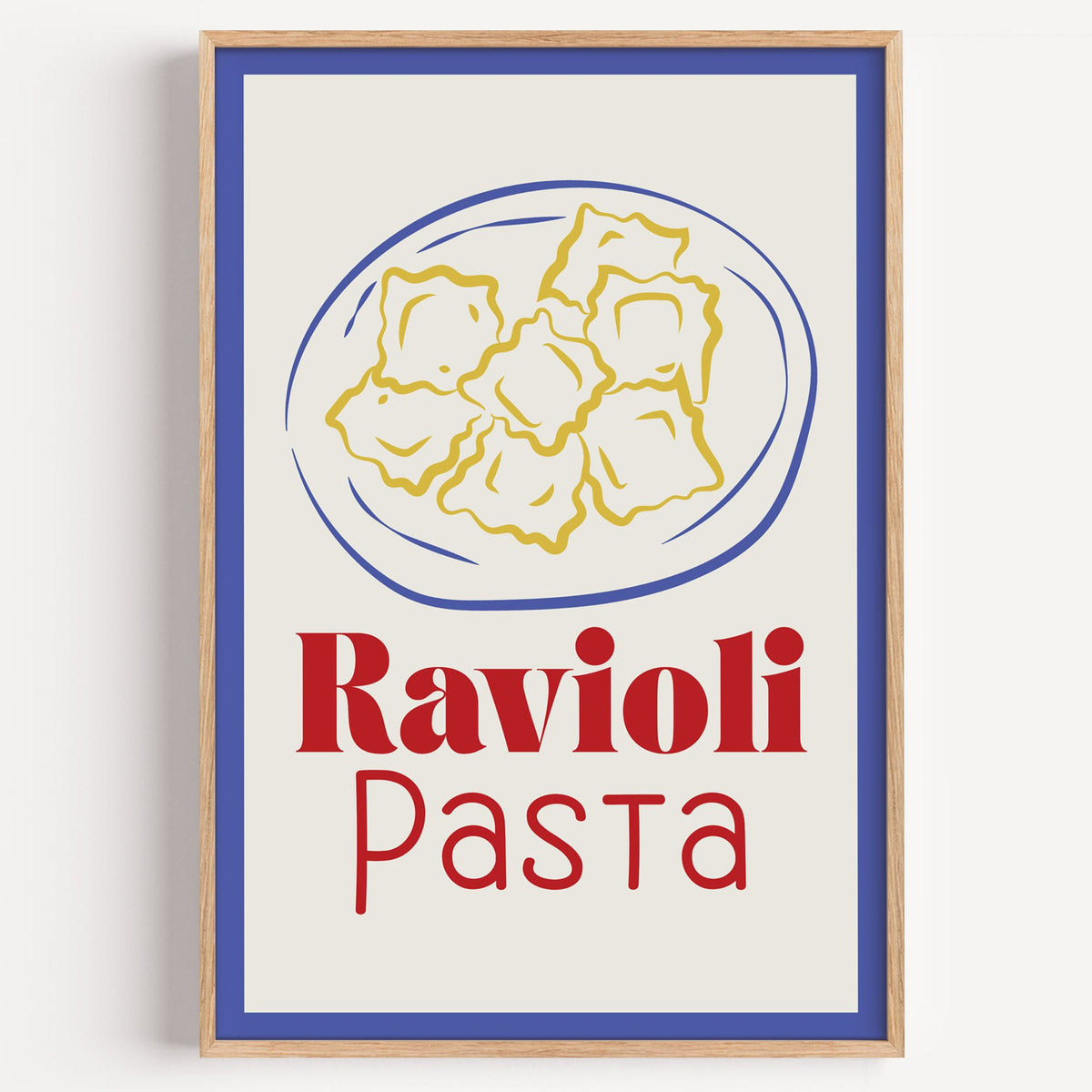 Ravioli Pasta red title ravioli plate print in a light oak frame on a plain white wall