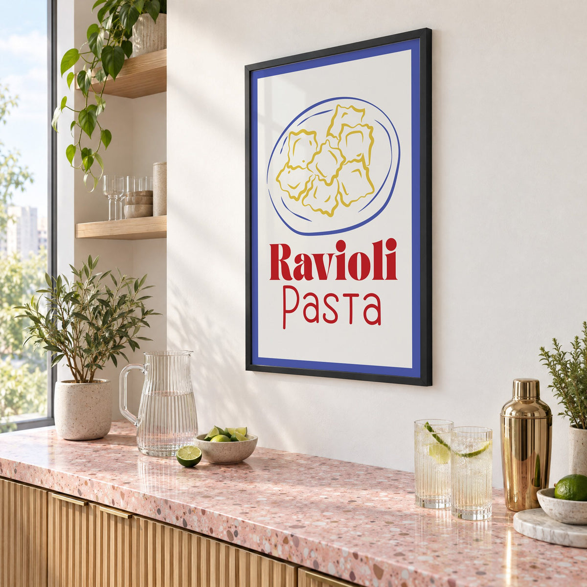 Ravioli Pasta red title ravioli plate print in a black frame above a pink terrazzo cocktail counter with limes, seen at an angle