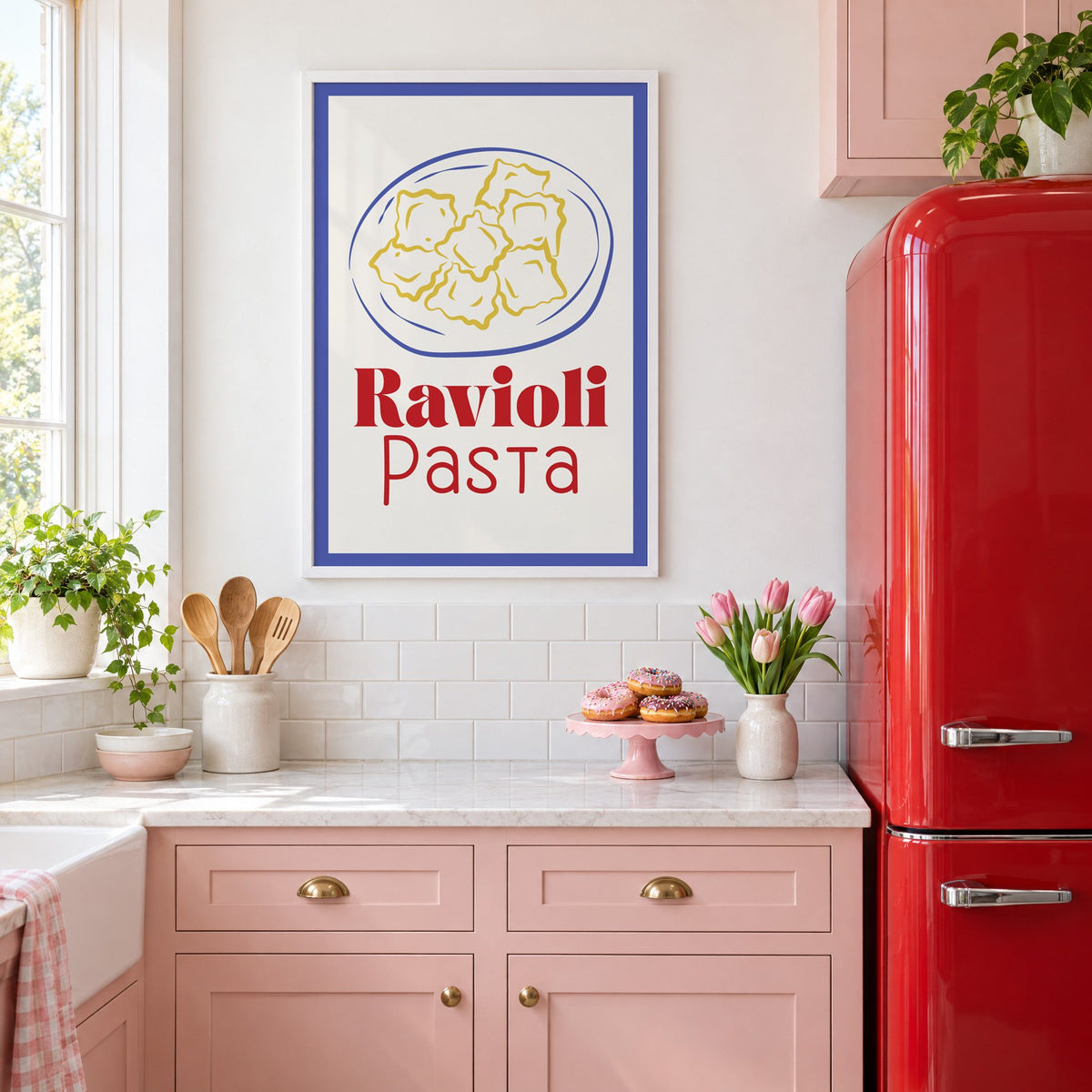 Ravioli Pasta red title ravioli plate print in a white frame above pink cabinets beside a red retro fridge