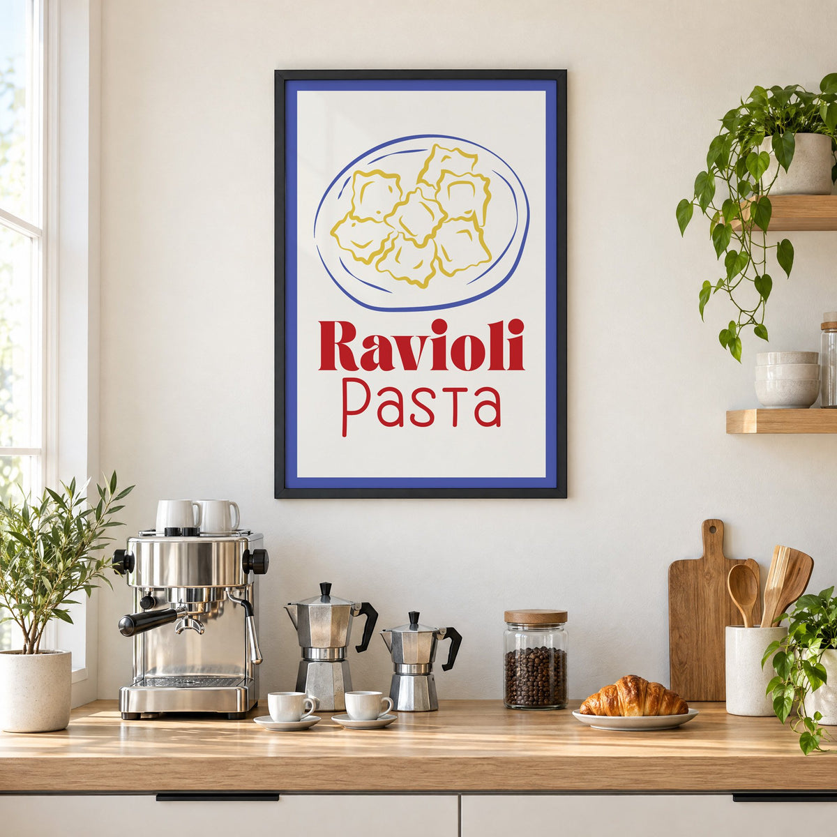 Ravioli Pasta red title ravioli plate print in a black frame above a home espresso bar with moka pots and espresso cups