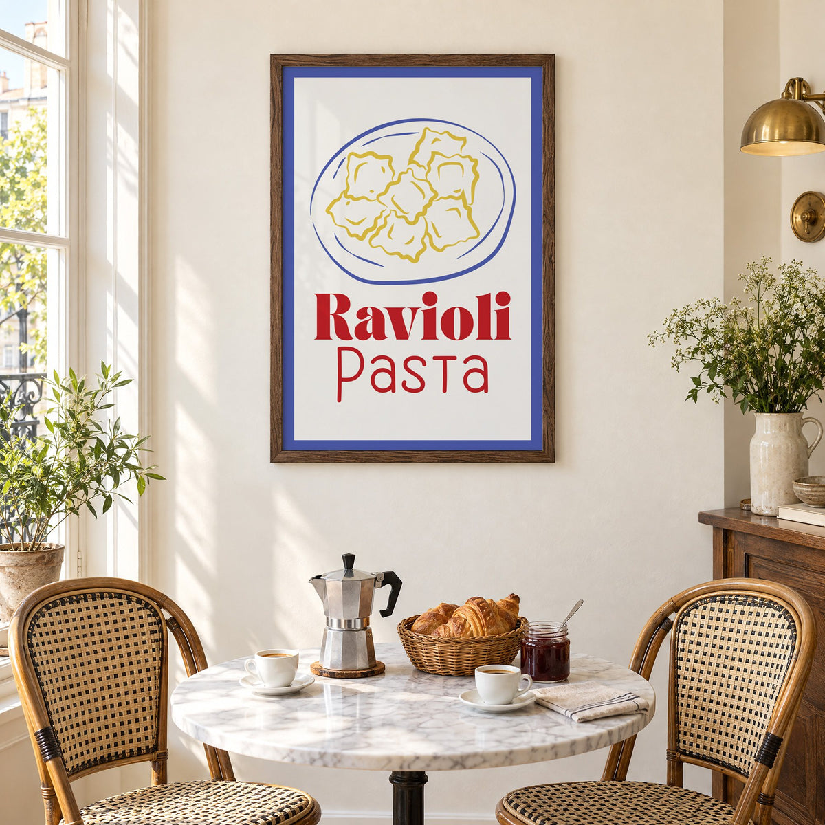 Ravioli Pasta red title ravioli plate print in a walnut frame above a marble bistro table with croissants and rattan chairs