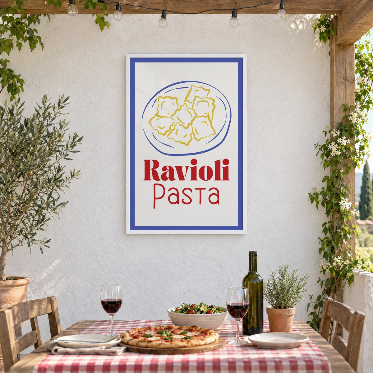 Ravioli Pasta red title ravioli plate print in a white frame on a stucco wall above a checked-cloth table with pizza and red wine
