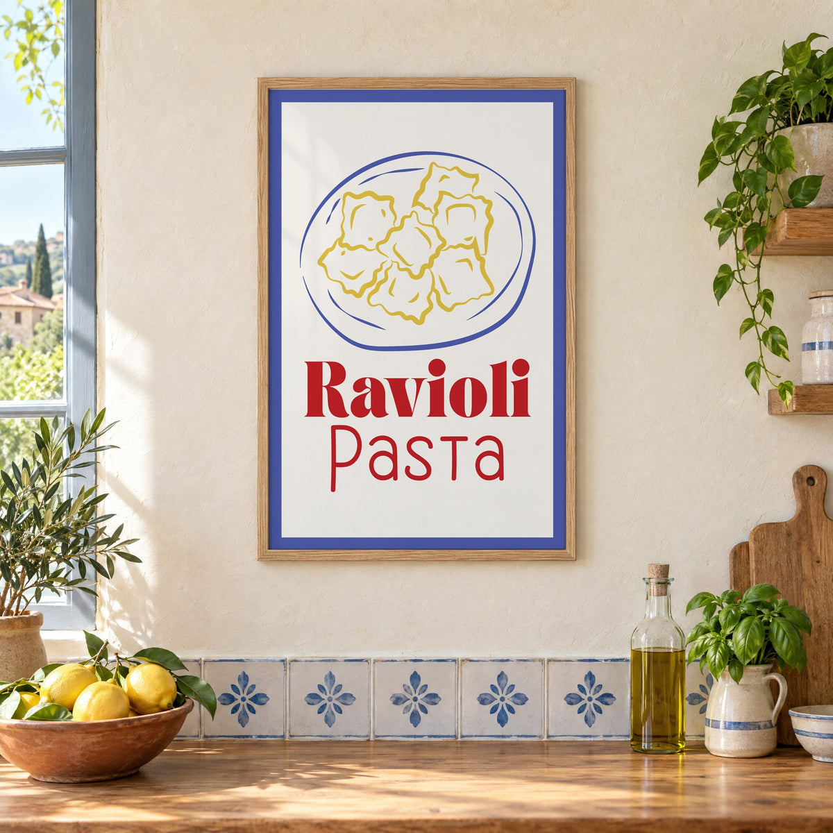 Ravioli Pasta red title ravioli plate print in an oak frame on a cream plaster wall above a worktop with a bowl of lemons and blue-and-white tiles