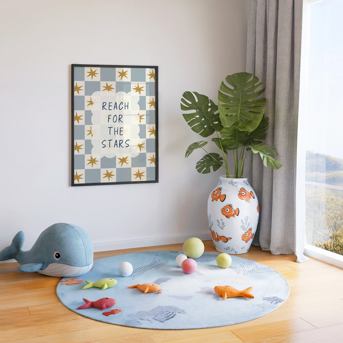 Reach for the stars cloud nursery print in a black frame in a playroom with an ocean rug and whale plush