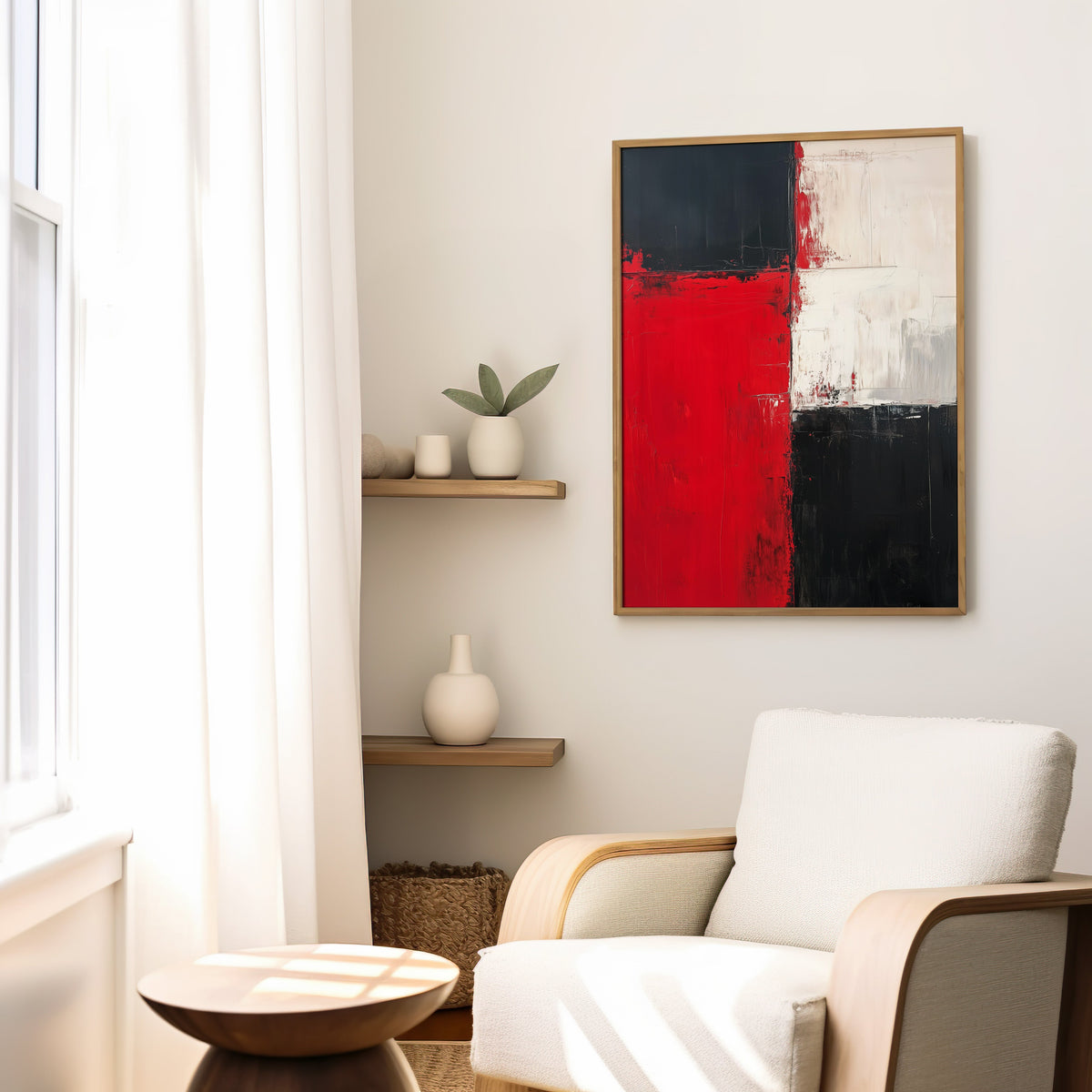 Red, black and white color block abstract print in a slim oak frame above a cream boucle armchair by floating shelves