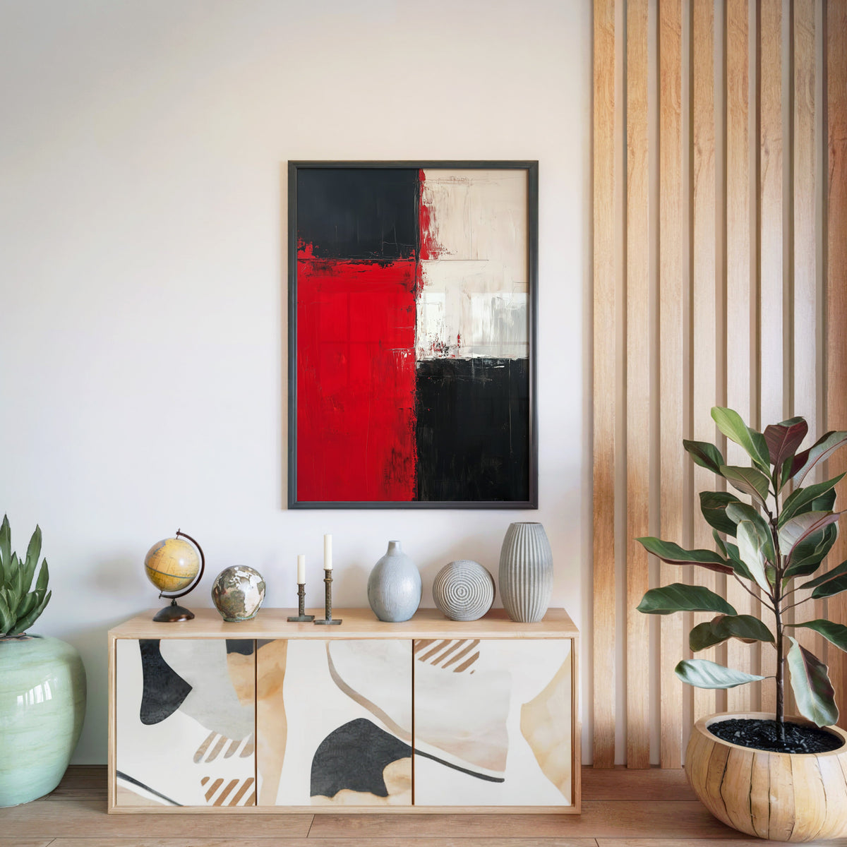 Red, black and white color block abstract print in a black frame above a light wood sideboard by a wood slat wall