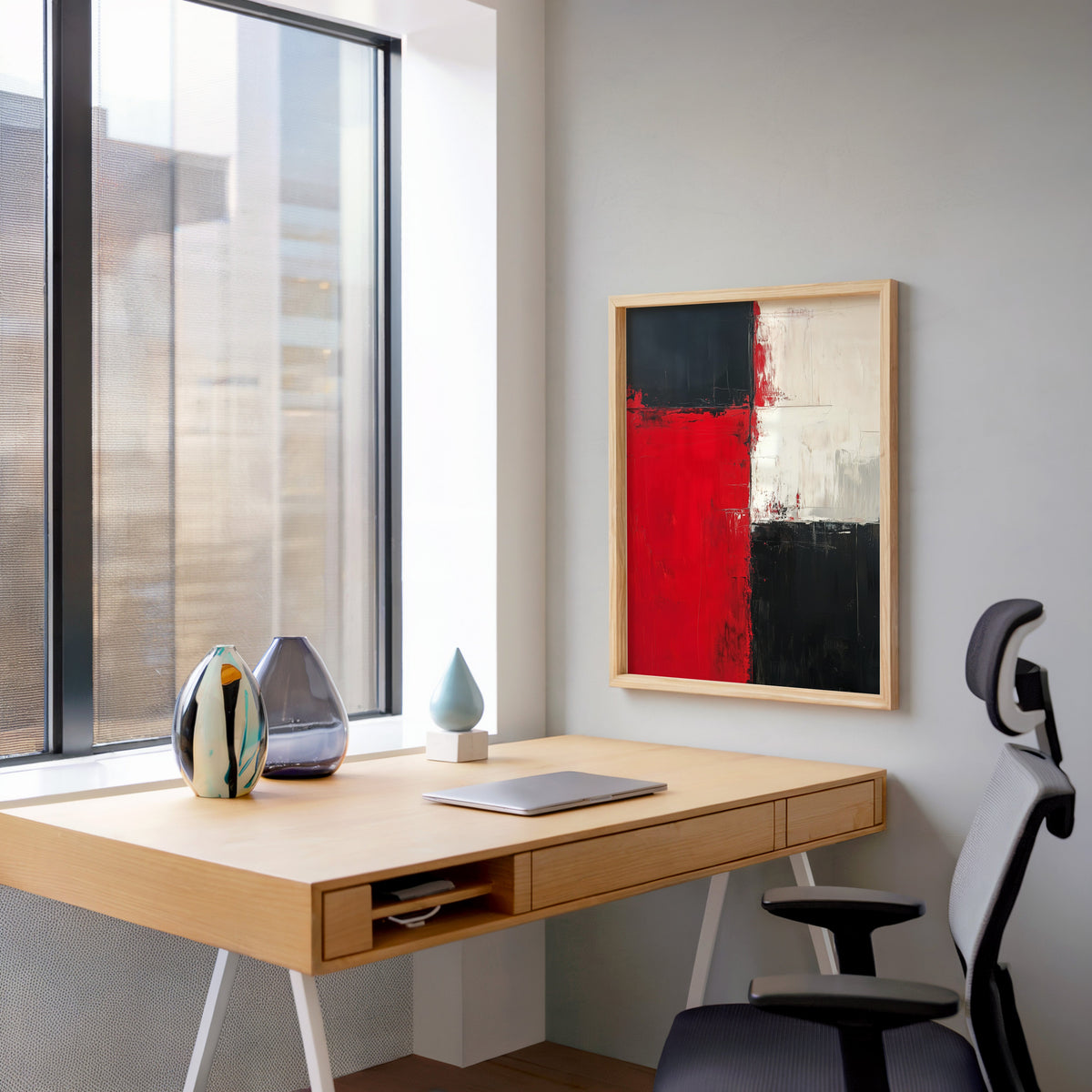 Red, black and white color block abstract print in a pale wood frame above a home office desk by a tall window