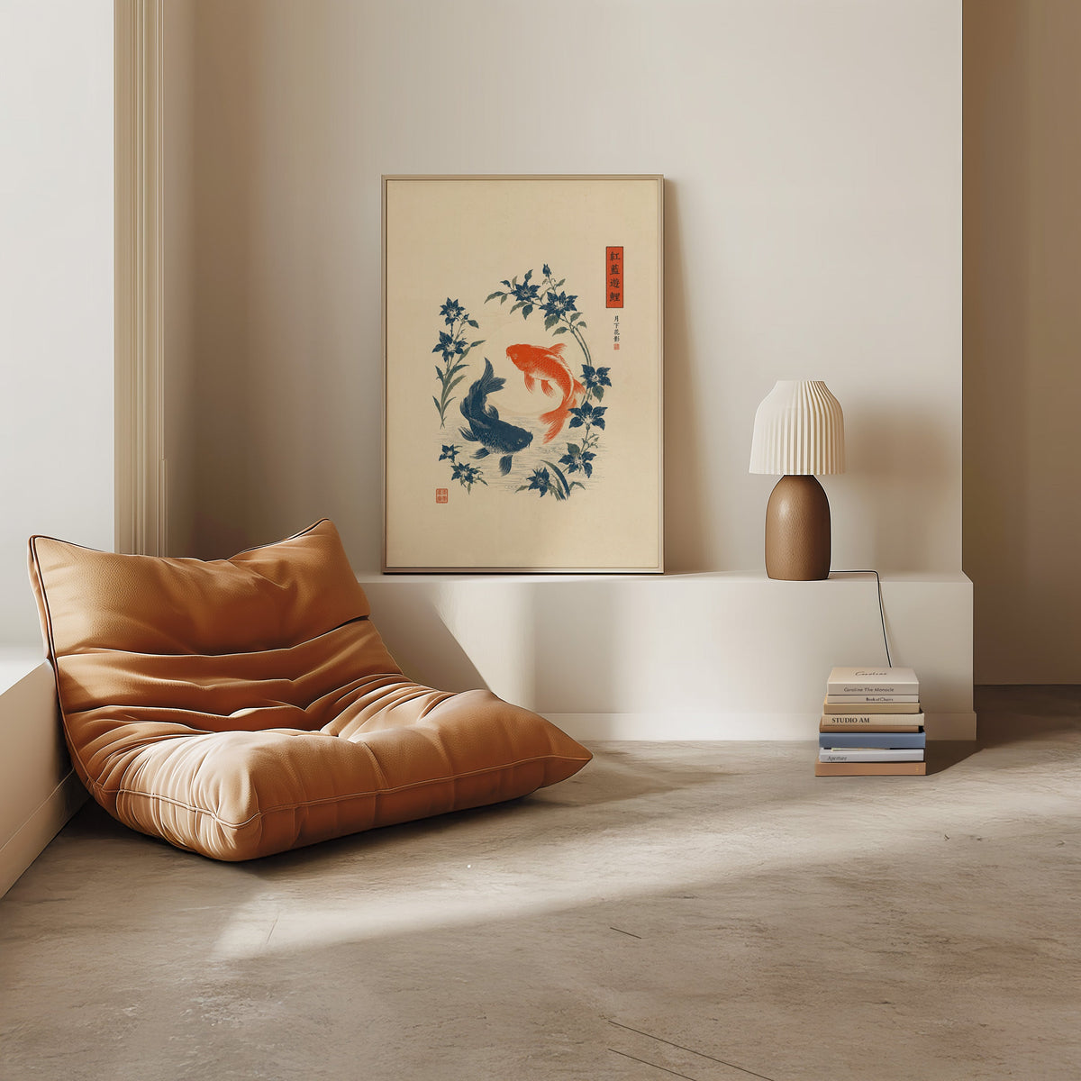 red and blue koi with blue flowers print in a light oak frame on a white ledge by a tan leather floor chair