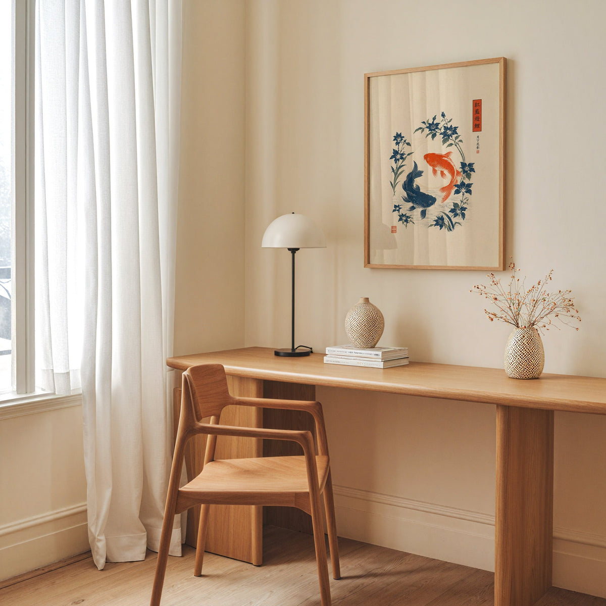 red and blue koi with blue flowers print in an oak frame above a long oak desk with a white dome lamp and woven vases