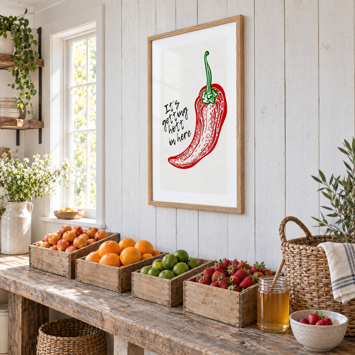 It's getting hott red chili engraving print in an oak frame on white plank walls above wooden crates of fresh fruit, seen at an angle