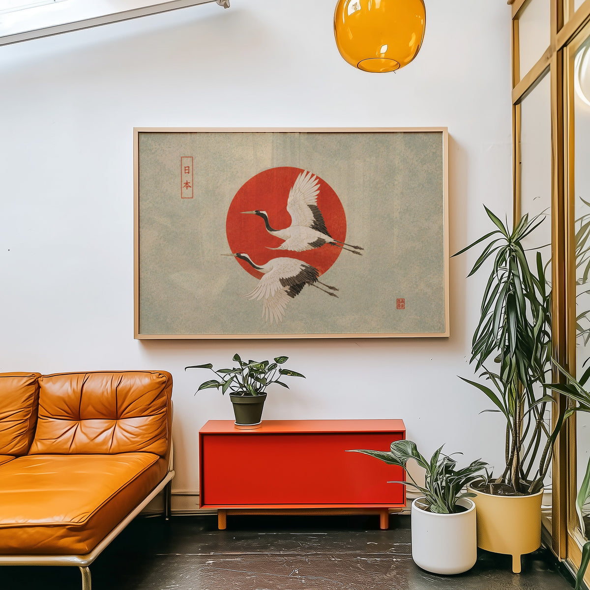 Red-crowned cranes flying past a red sun print in a light wood frame above a red cabinet beside a tan leather daybed