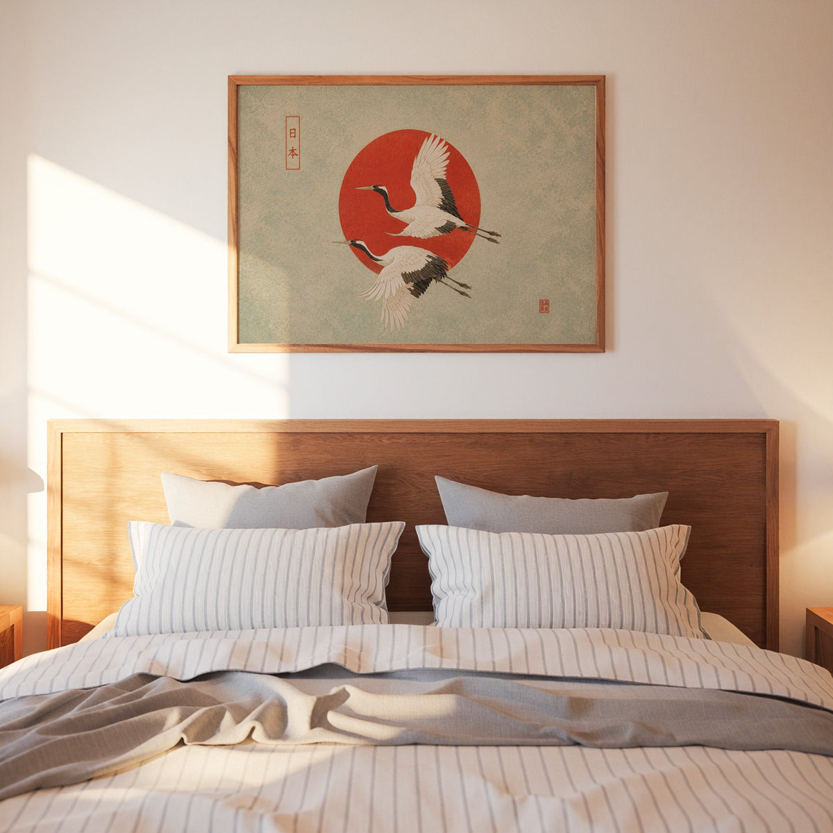 Red-crowned cranes flying past a red sun print in a warm wood frame above a bed with striped linen bedding