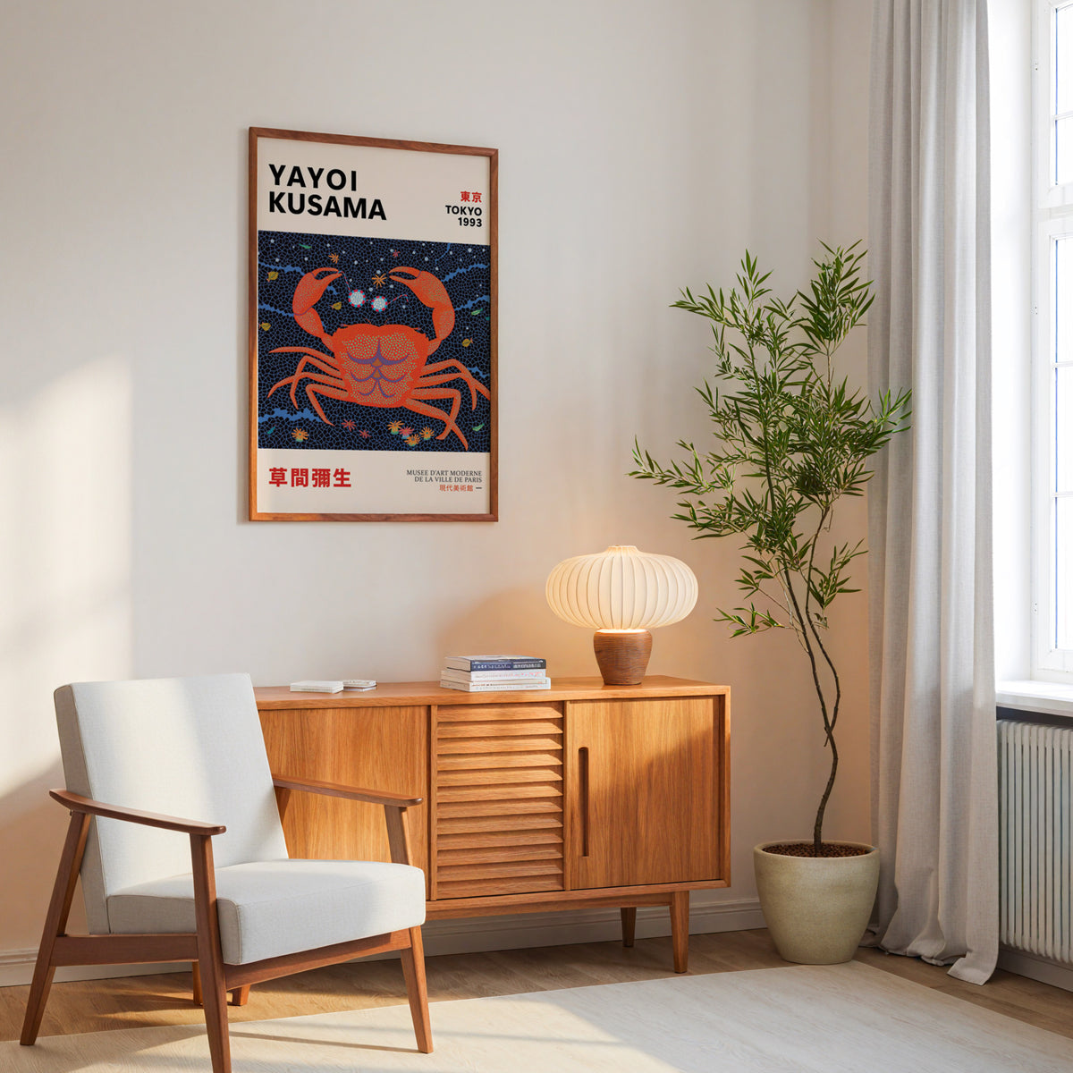 Yayoi Kusama inspired red dotted crab print above a mid-century sideboard