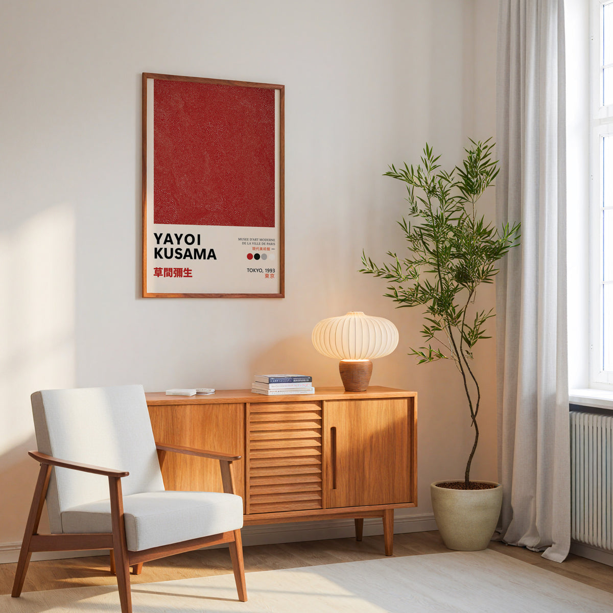 Yayoi Kusama inspired red dotted texture print above a mid-century sideboard