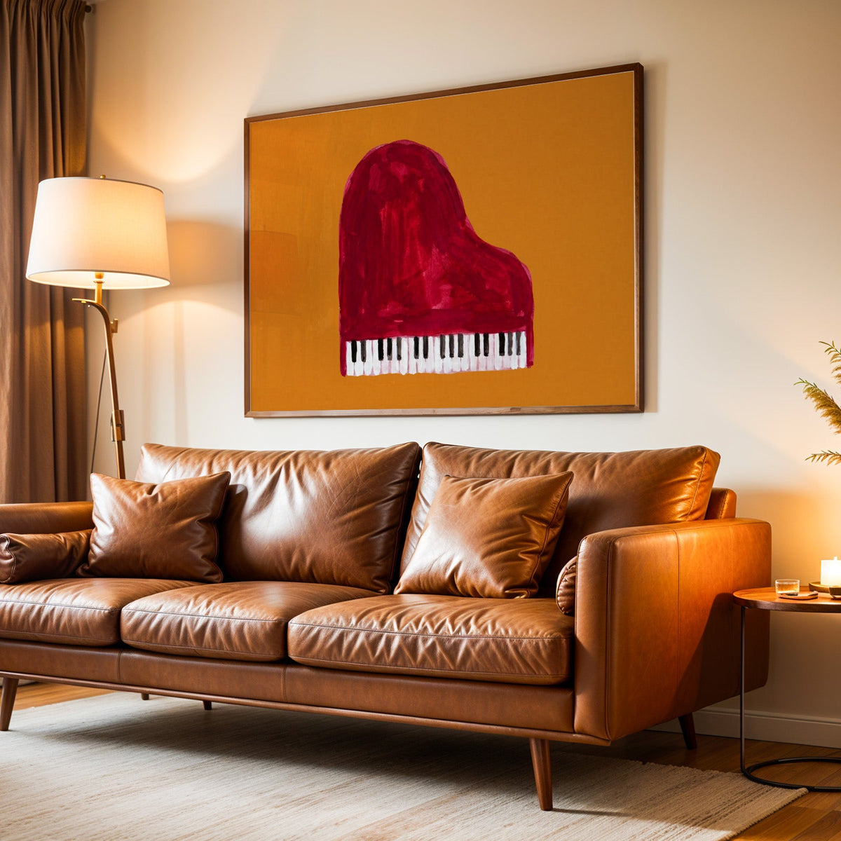 Grand piano from above print in a walnut frame above a leather sofa by lamplight
