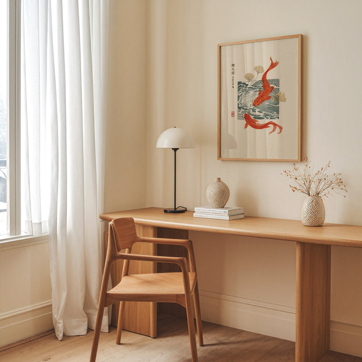 red koi with ginkgo and wave block print in an oak frame above a long oak desk with a white dome lamp and woven vases