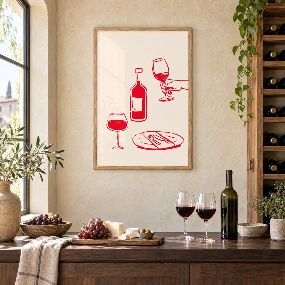 Red line wine bottle and dinner table print in an oak frame on a limewashed wall above a wine counter with red wine, cheese and grapes
