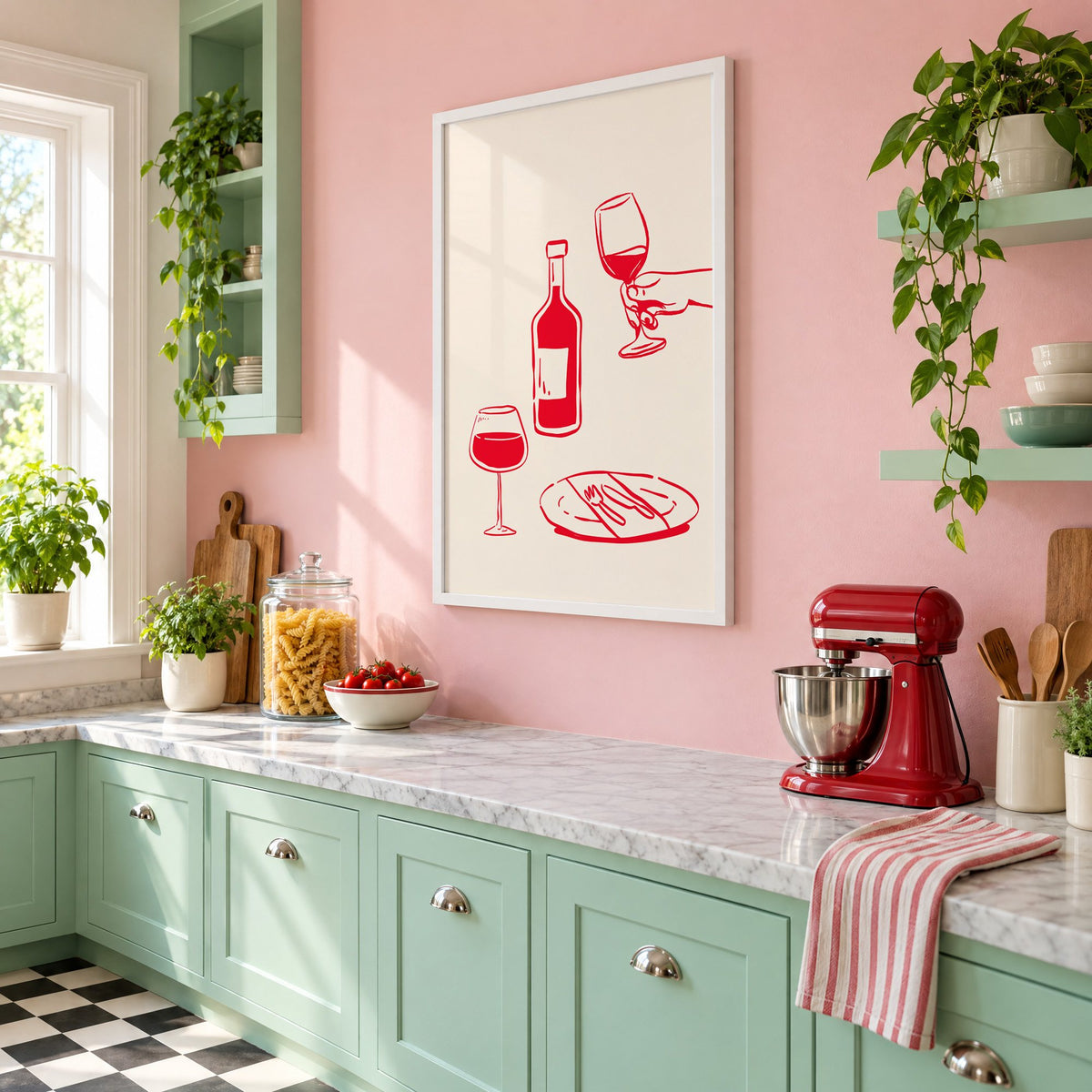 Red line wine bottle and dinner table print in a white frame on a pink wall above mint green cabinets in a retro kitchen, seen at an angle