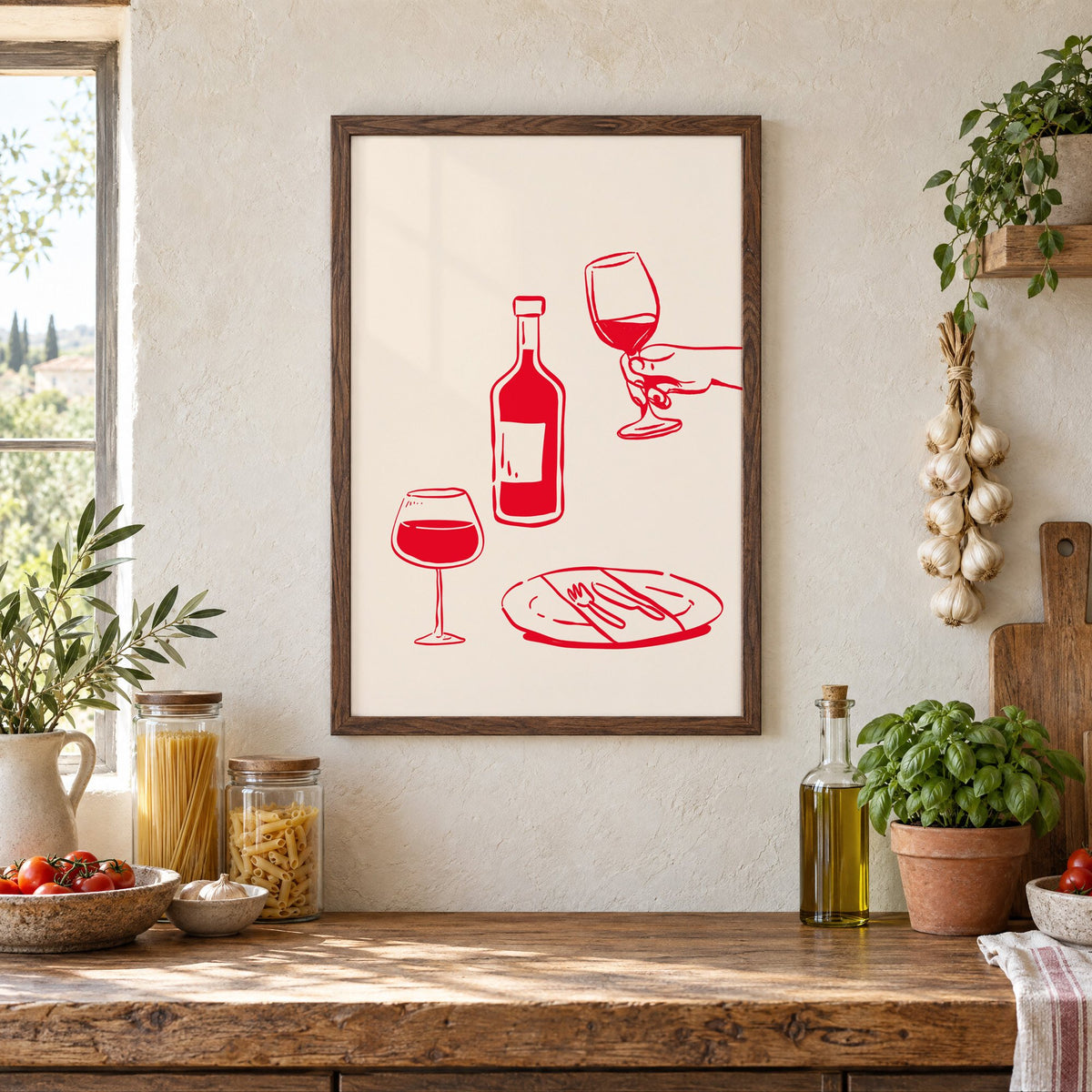 Red line wine bottle and dinner table print in a walnut frame above a rustic Italian pantry counter with pasta jars, garlic and tomatoes