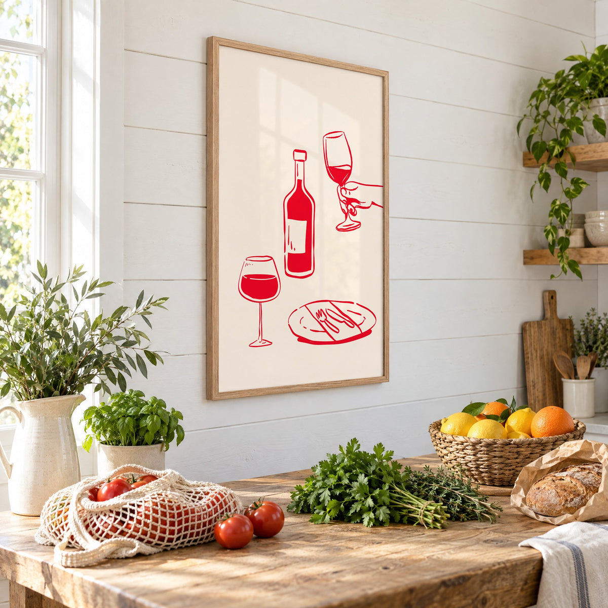 Red line wine bottle and dinner table print in an oak frame on a shiplap wall above a farm table with market tomatoes and citrus, seen at an angle