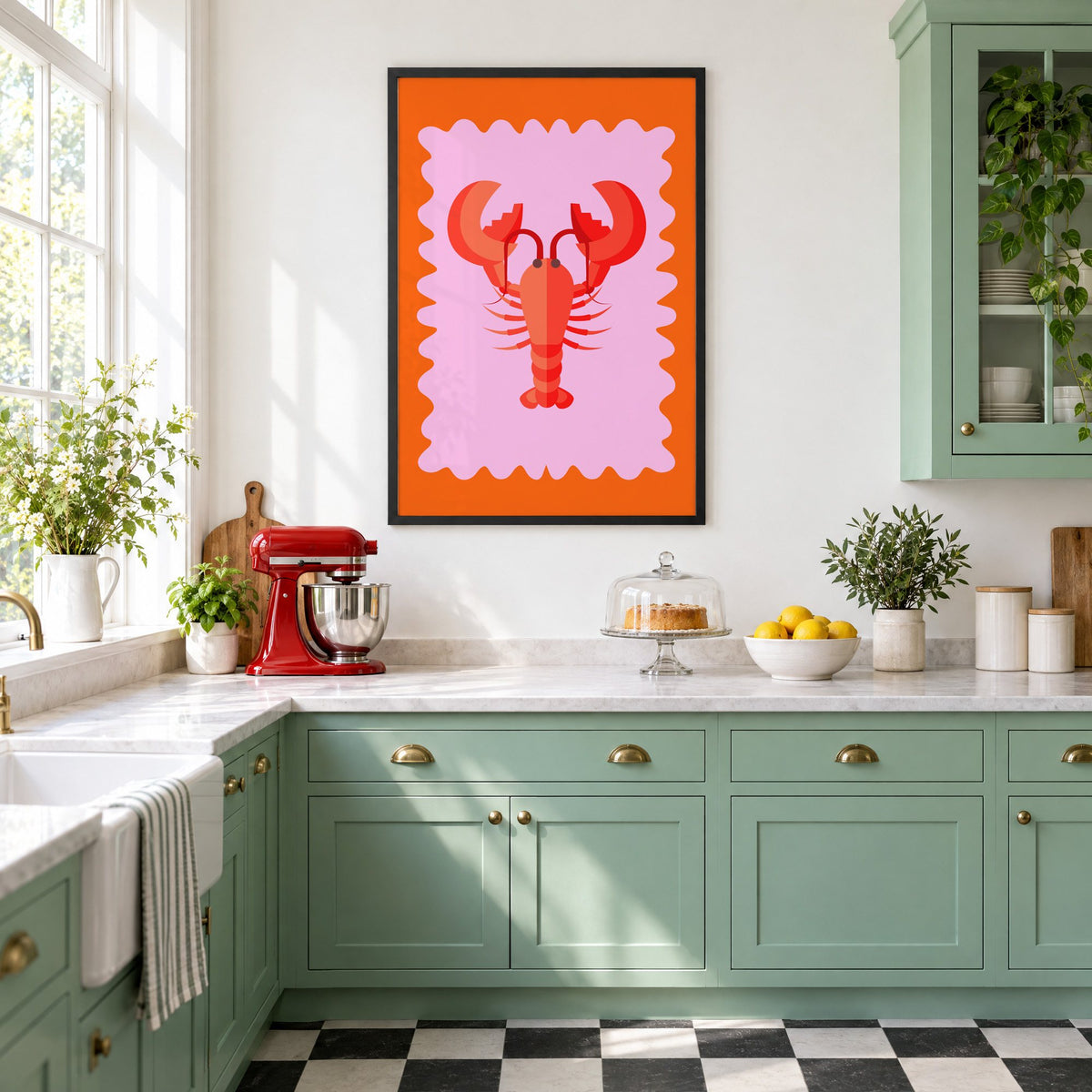 Red lobster pink wavy frame print in a black frame in a mint green retro kitchen above a red stand mixer
