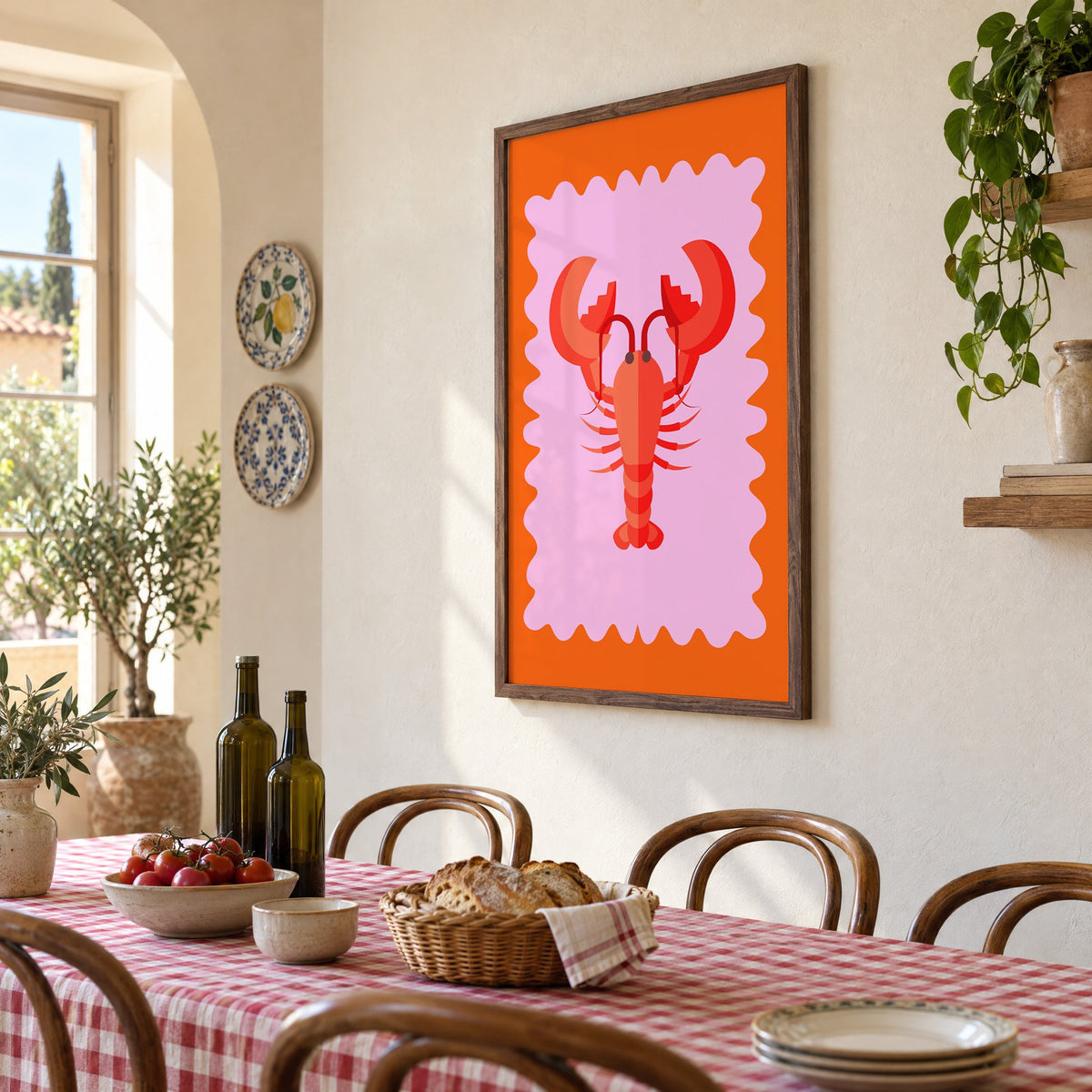 Red lobster pink wavy frame print in a walnut frame above a gingham-covered trattoria table, seen at an angle
