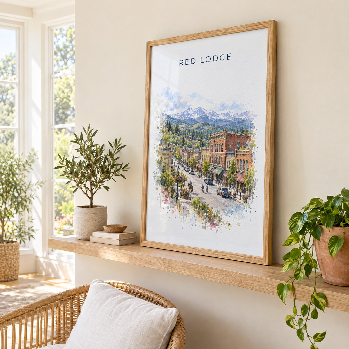 Red Lodge, Montana watercolor print in an oak frame on a picture ledge in a sunlit sunroom