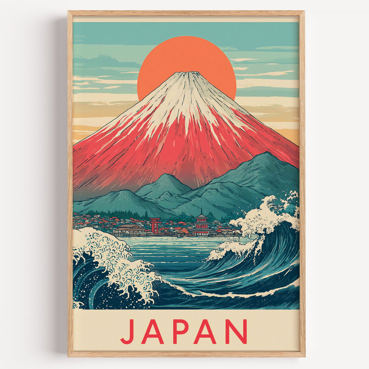 Red Mount Fuji navy wave print in a light oak frame on a plain white wall