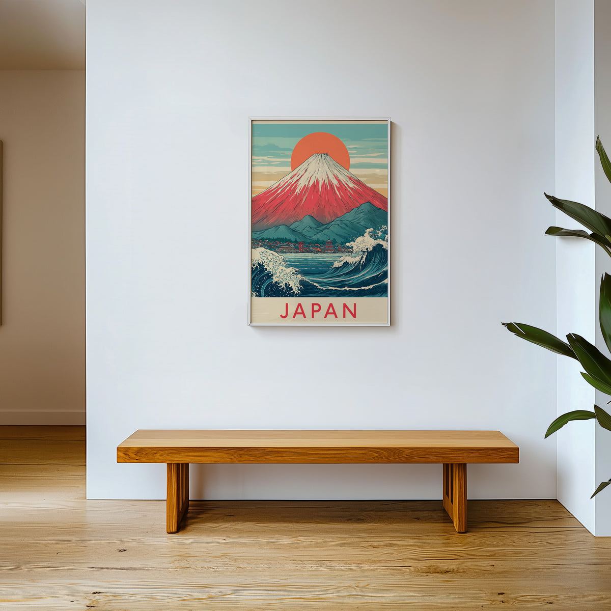 Red Mount Fuji navy wave print shown in a white frame above a wooden entryway bench