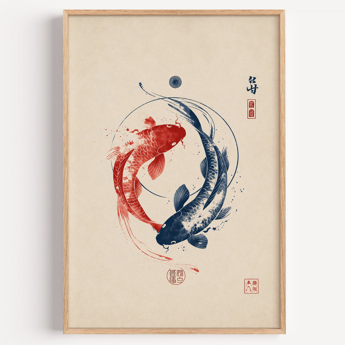 red and navy koi in a circle print in a light oak frame on a plain white wall
