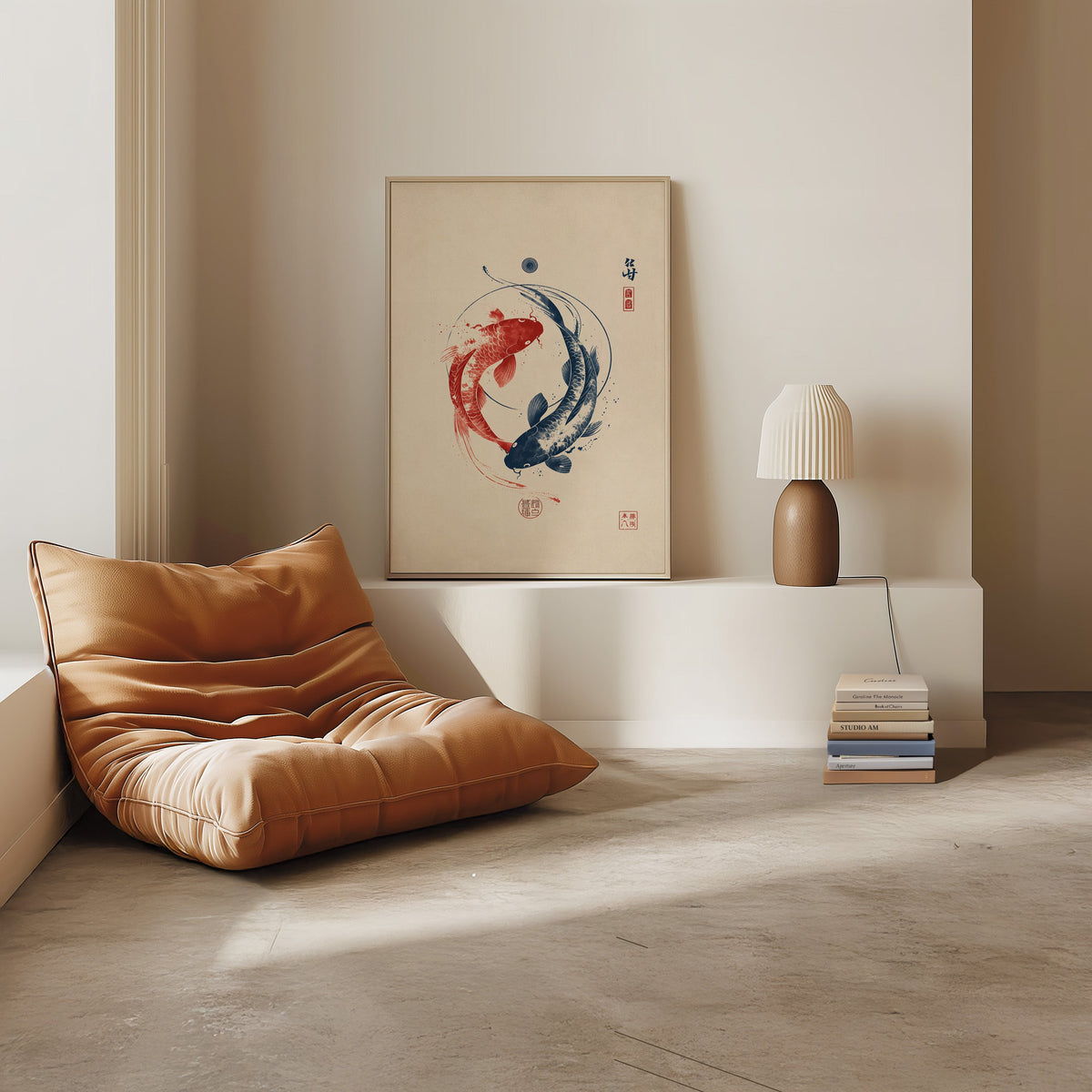red and navy koi in a circle print in a light oak frame on a white ledge by a tan leather floor chair