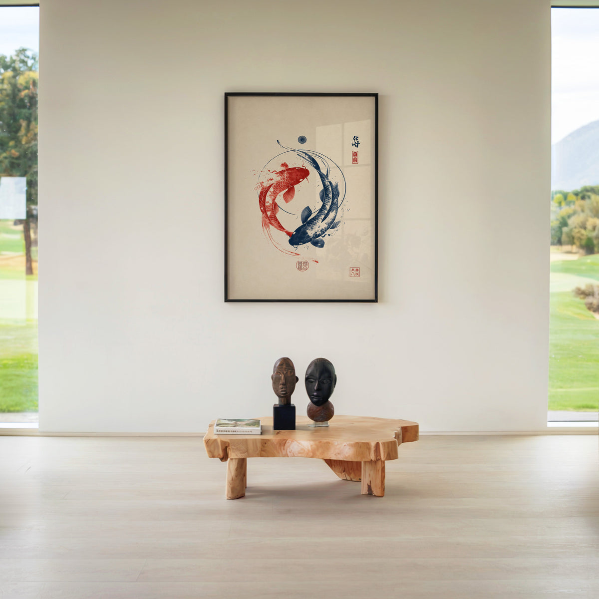red and navy koi in a circle print in a black frame above a live-edge wood coffee table between garden windows