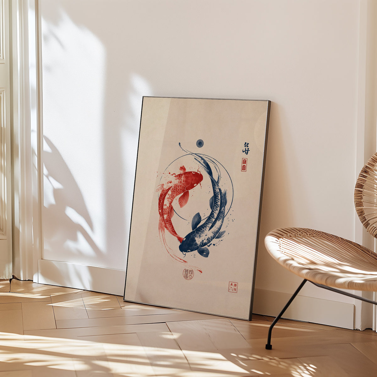 red and navy koi in a circle print in a black frame leaning on a herringbone floor beside a woven rattan chair