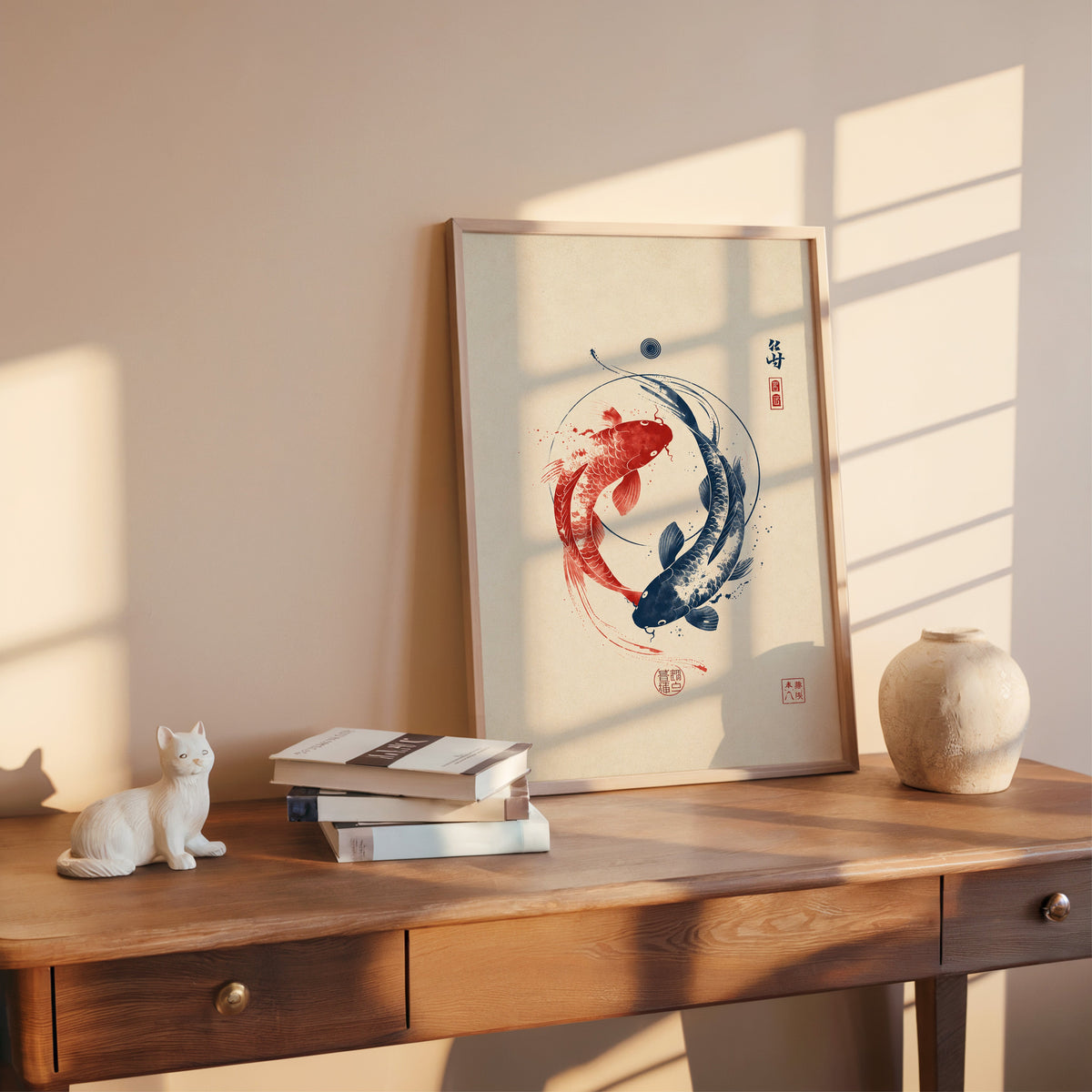 red and navy koi in a circle print shown in a rose gold frame leaning on a wooden writing desk with books