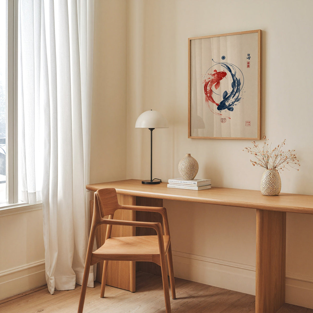 red and navy koi in a circle print in an oak frame above a long oak desk with a white dome lamp and woven vases