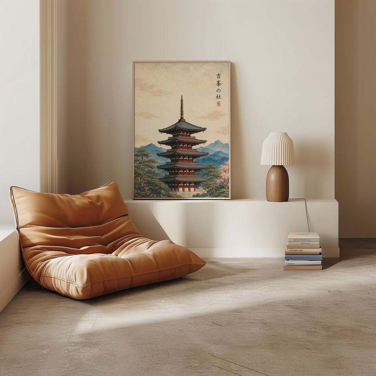 red pagoda with blue mountains print in a light oak frame on a white ledge by a tan leather floor chair