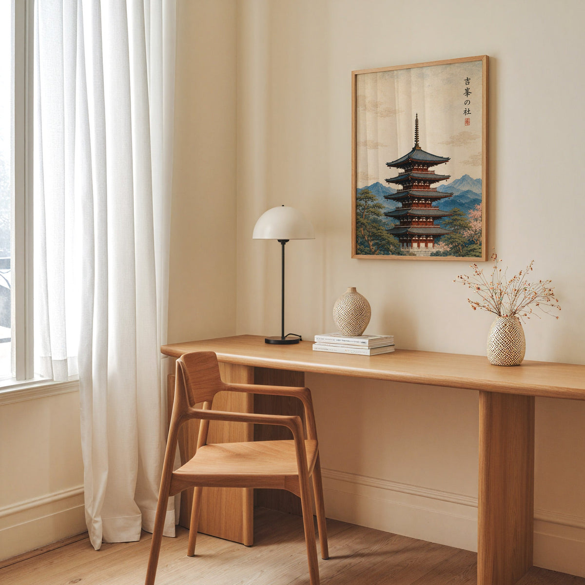 red pagoda with blue mountains print in an oak frame above a long oak desk with a white dome lamp and woven vases