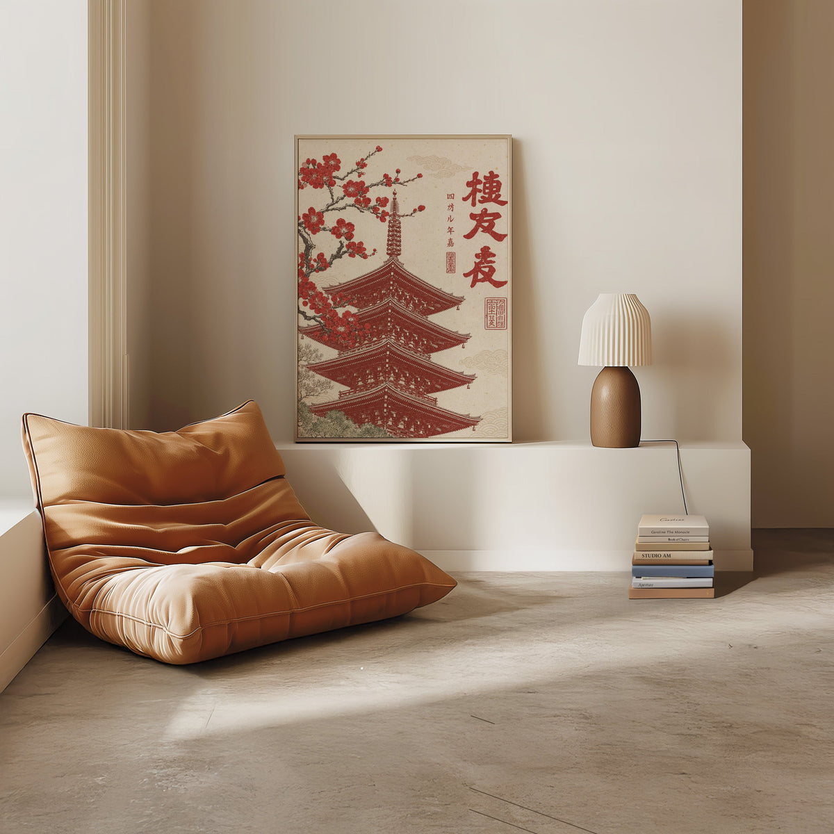 red engraved pagoda with blossom branch print in a light oak frame on a white ledge by a tan leather floor chair