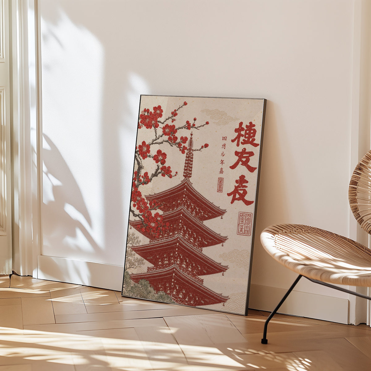 red engraved pagoda with blossom branch print in a black frame leaning on a herringbone floor beside a woven rattan chair