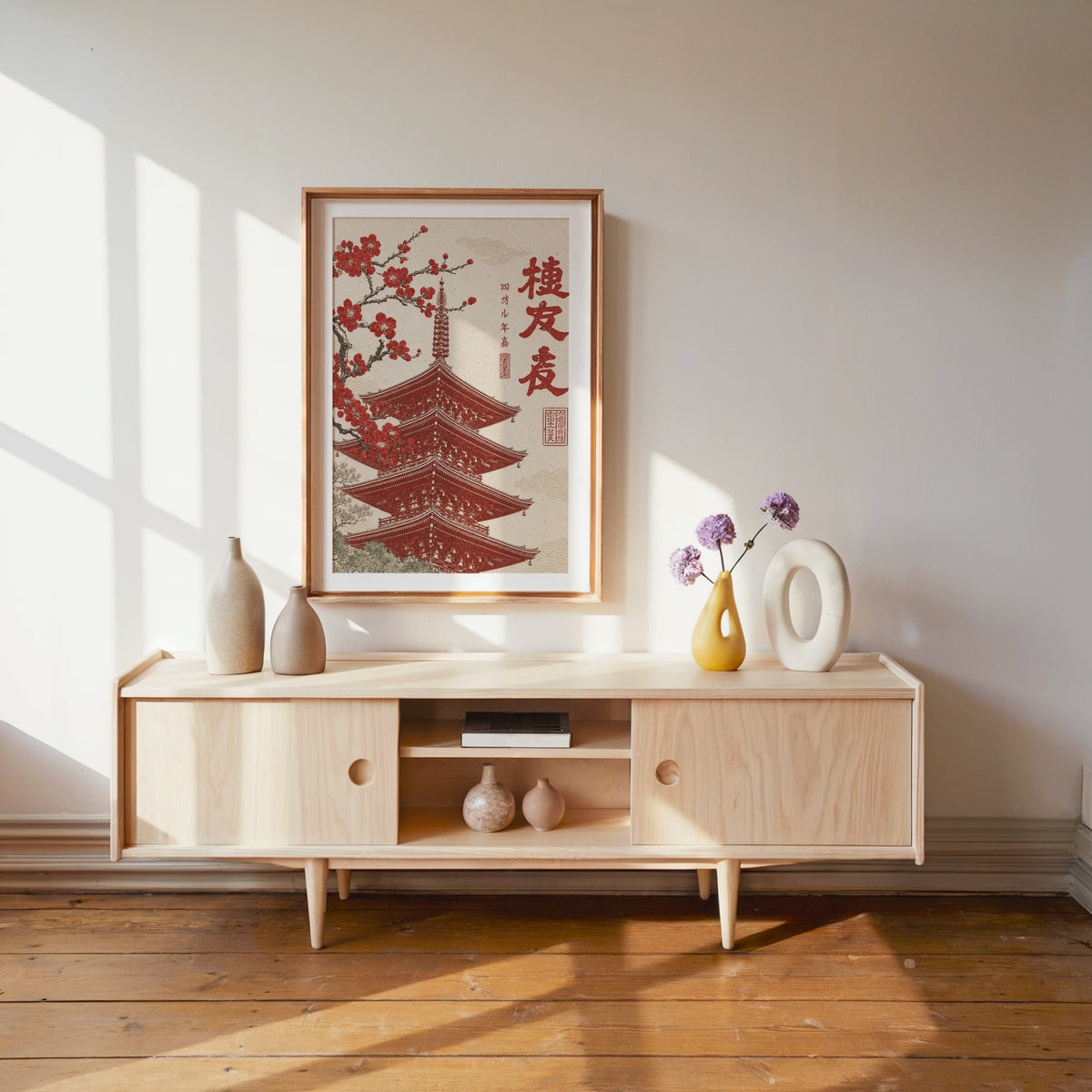 red engraved pagoda with blossom branch print shown in a wood frame with a white mat above a pale wood media console