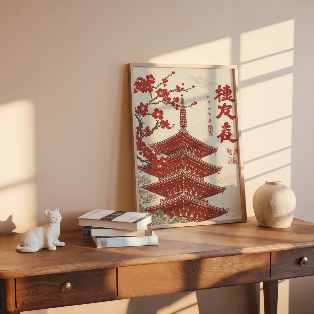 red engraved pagoda with blossom branch print shown in a rose gold frame leaning on a wooden writing desk with books